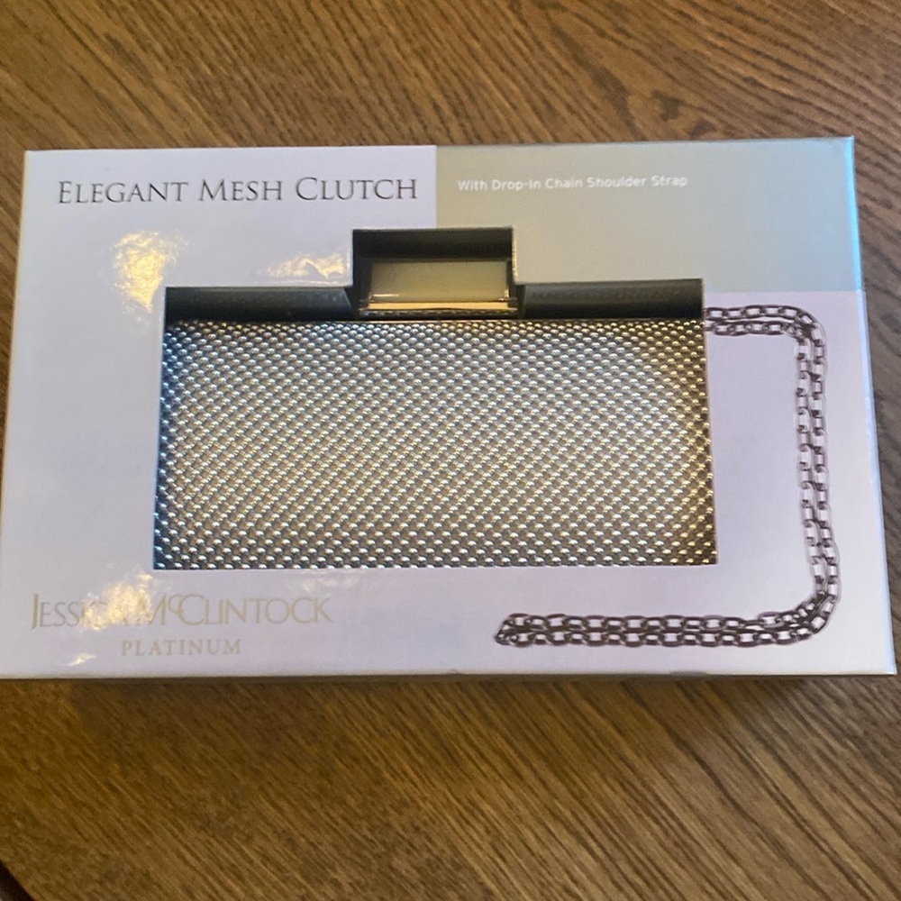 Jessica McClintock Silver Evening Clutch with Chain Strap - Picture 1 of 2